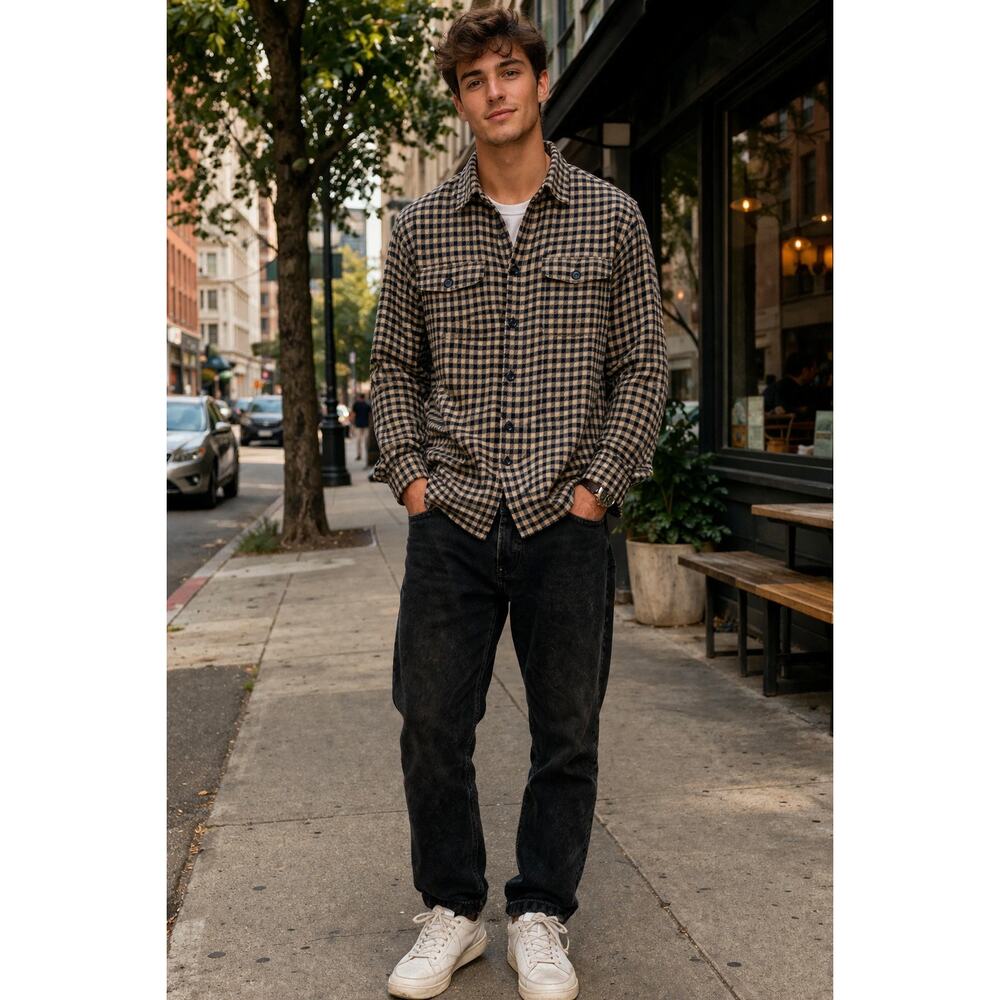 American Eagle Check Plaid Flannel Shirt Mens Large Navy Blue Gorpcore Grunge